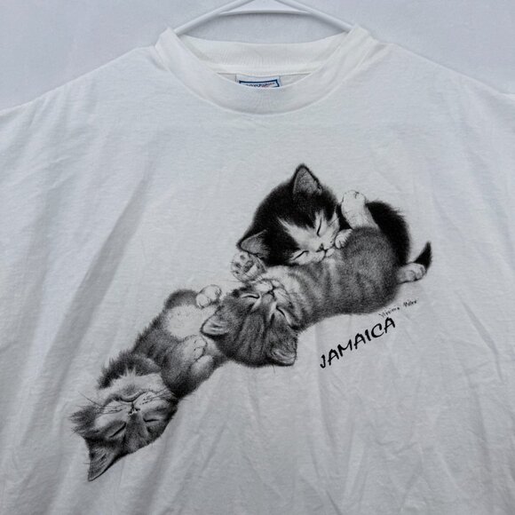 Vintage Cat T Shirt Men XL White Virginia Miller Art Jamaica Single Stitched 90s - Picture 2 of 8